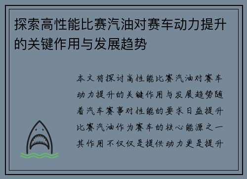 探索高性能比赛汽油对赛车动力提升的关键作用与发展趋势