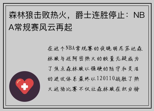 森林狼击败热火，爵士连胜停止：NBA常规赛风云再起