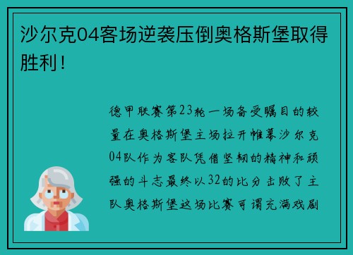 沙尔克04客场逆袭压倒奥格斯堡取得胜利！